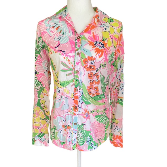 Lilly Pulitzer Target Nosey Posey Pink Aqua Blue Floral Button Down Blouse - S - Picture 3 of 15